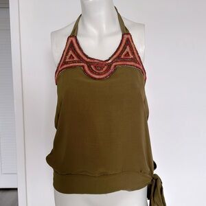 Seasatin silk georgette olive green, open back top size S, halter top.